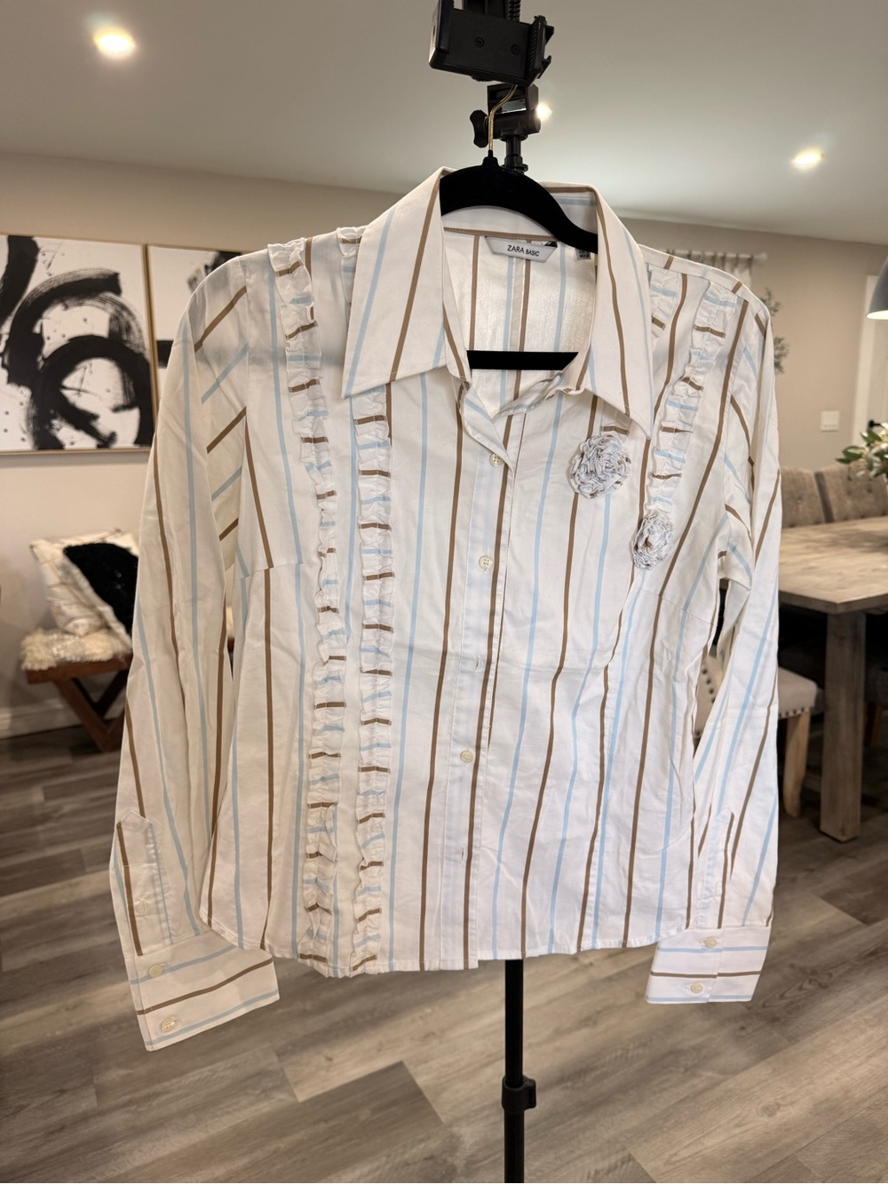 Zara White Shirt with Blue and Brown Stripes and Ruffle Trim